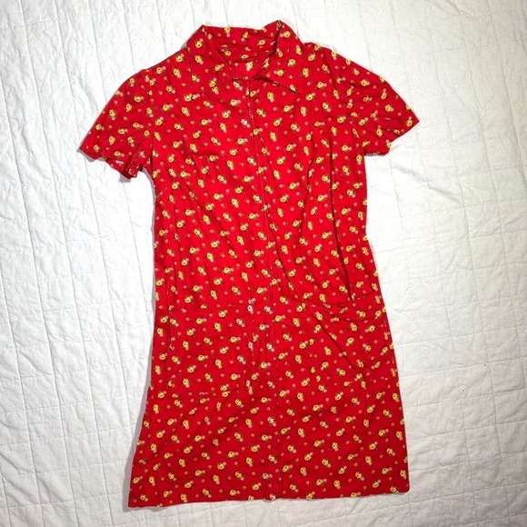 Late 60s / Early 70s Red Floral Zip-Front Dress – Size M/L (Homemade Vintage) - Picture 1 of 5